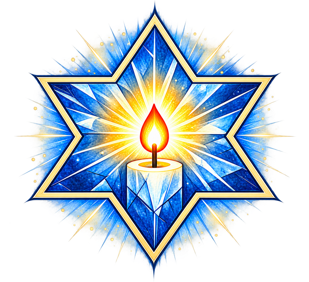 Illustration of a blue and gold Star of David with a lit candle at its center